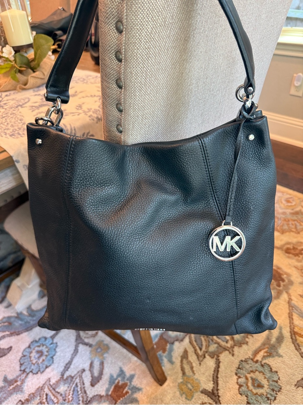 Michael Kors Black Pebbled Leather Hobo Shoulder Bag with MK Charm